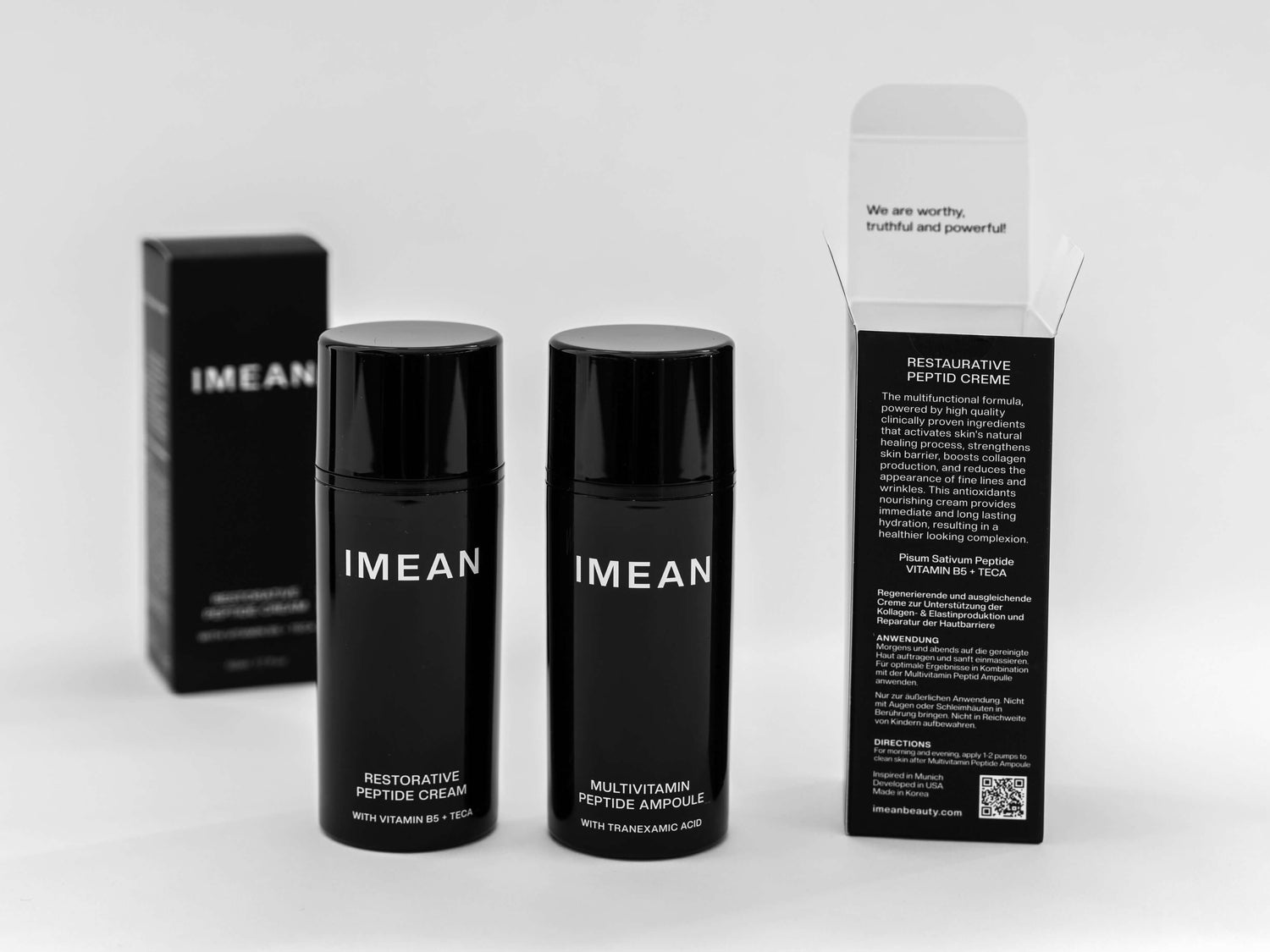 IMEAN restorative peptide cream and multivitamin ampoule displayed with packaging