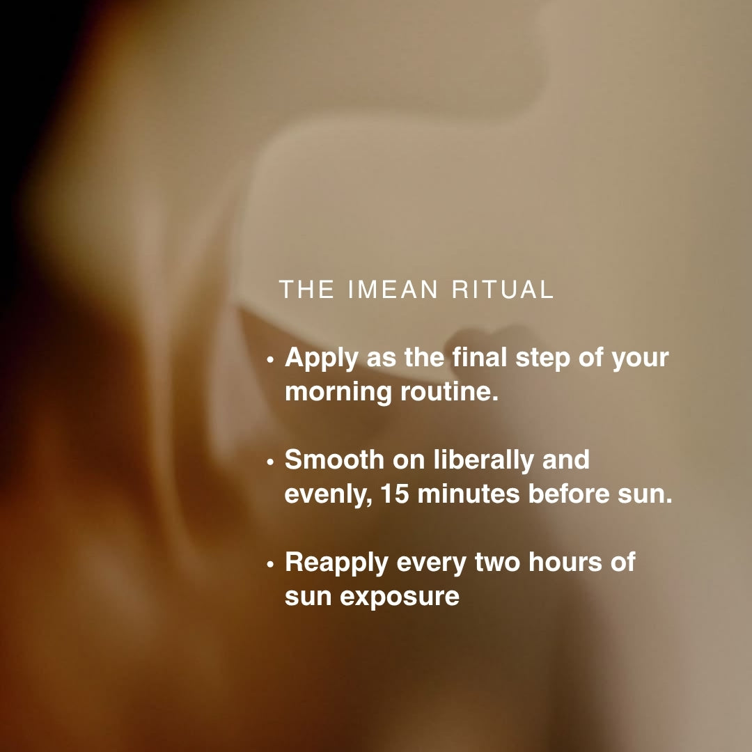 Text overlay reading 'THE IMEAN RITUAL' with bullet points about applying a product as a final step in a morning routine, shown over a soft-focus warm beige and brown background.