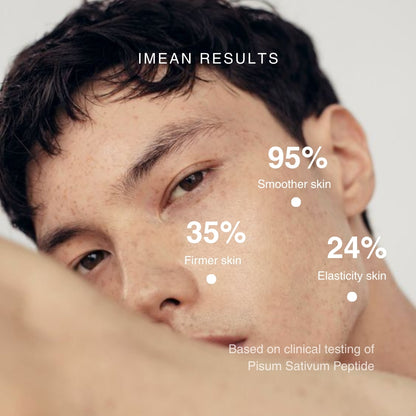 Close-up of a man's face with overlaid text reading 'IMEAN RESULTS' and percentage claims about smoother, firmer, and elasticity skin, plus a note about clinical testing of Pisum Sativum Peptide.